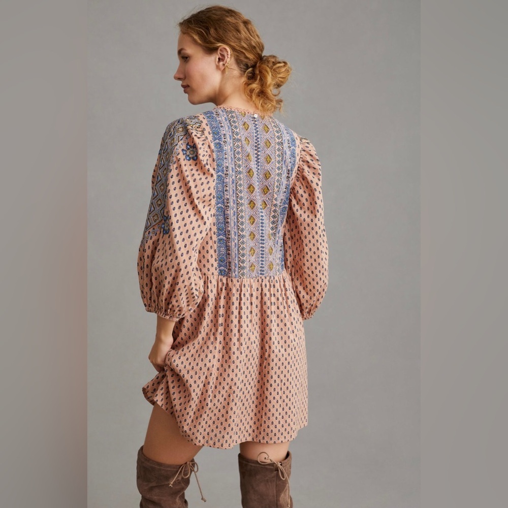 NWT By Anthropologie Embroidered Tunic Mini Dress in Peach Size Small. - Picture 11 of 14